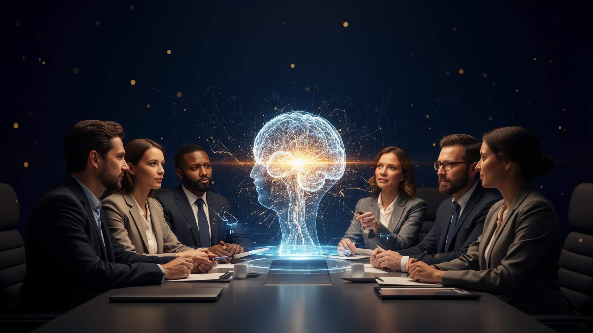 Diverse professionals collaborating with AI